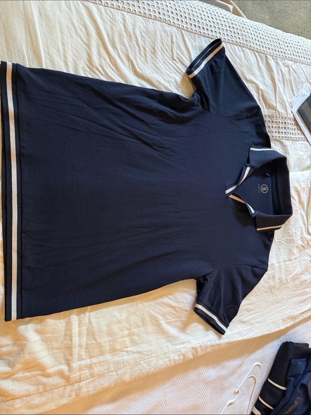 Bogner Navy Polo with White and Cream Stripe Accents